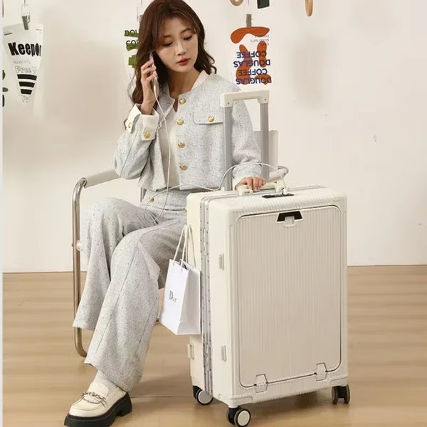 Front Opening Large Capacity Rolling Luggage Case Aluminum Frame ABS+PC Trolley Case Suitcase USB Charging Boarding Case