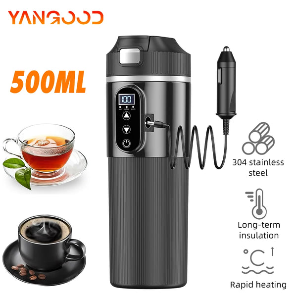 12V/24V 500ML Electric Heating Cup Kettle 304Stainless Steel Water Heater Bottle Auto Shut off Fast Boiling Cup for Travel Car