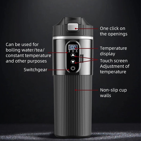 12V/24V 500ML Electric Heating Cup Kettle 304Stainless Steel Water Heater Bottle Auto Shut off Fast Boiling Cup for Travel Car