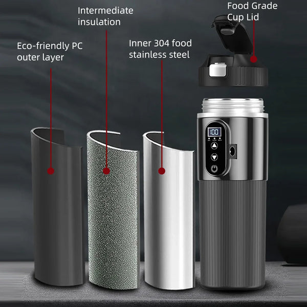 12V/24V 500ML Electric Heating Cup Kettle 304Stainless Steel Water Heater Bottle Auto Shut off Fast Boiling Cup for Travel Car
