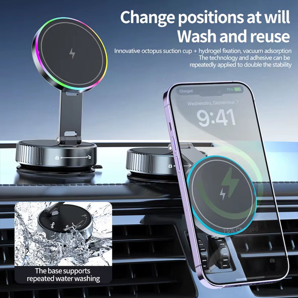 2025 New K3 Wireless Charger Car Phone Holder Colorful Light Vacuum Suction Cup Charging Can 360° Rotate Foldable Phone Holder